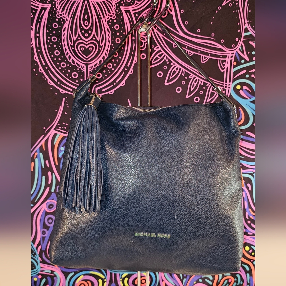 Michael Kors Navy Blue Pebbled Leather Hobo Shoulder Bag w/ Crossbody Strap